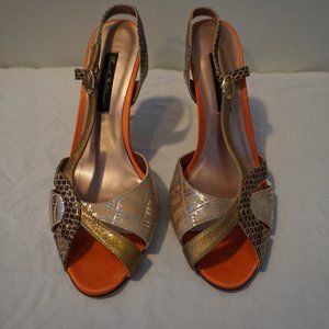 Beverly Feldman Orange/Gold/Brown Snake Print Leather Sling back Heels size 9